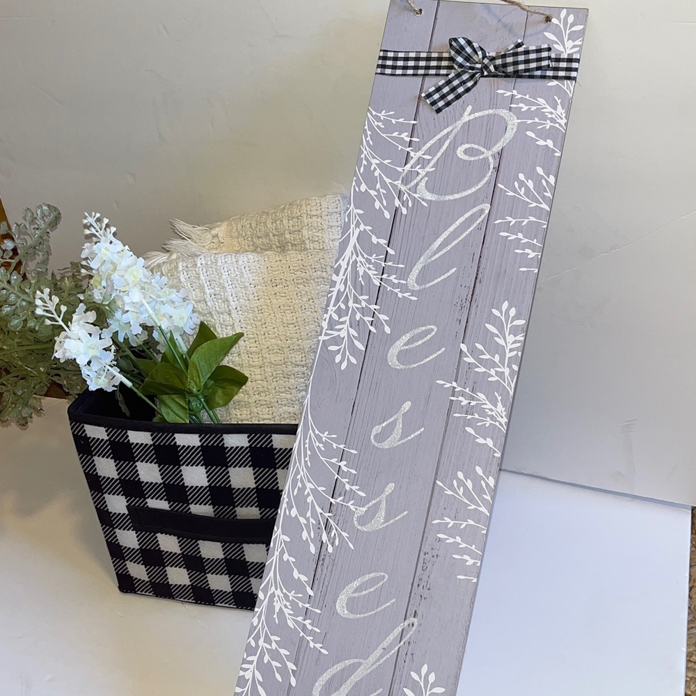 Blue Gray & White 'Blessed' Wooden Sign w/black n white gingham accents & box